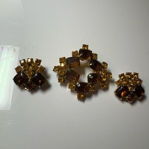 Vintage Elegant Gold Tone, Amber and Brown Brooch and Clip On Earring Set